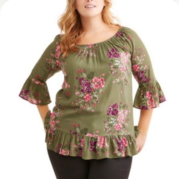 Terra & Sky on or off shoulder olive green floral peasant top size 1X - Picture 2 of 9